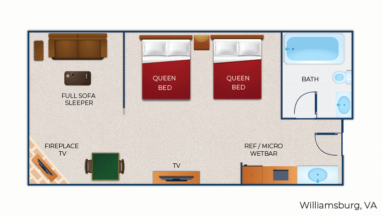 The floor plan for the Family Fireplace Suite (Balcony/Patio)